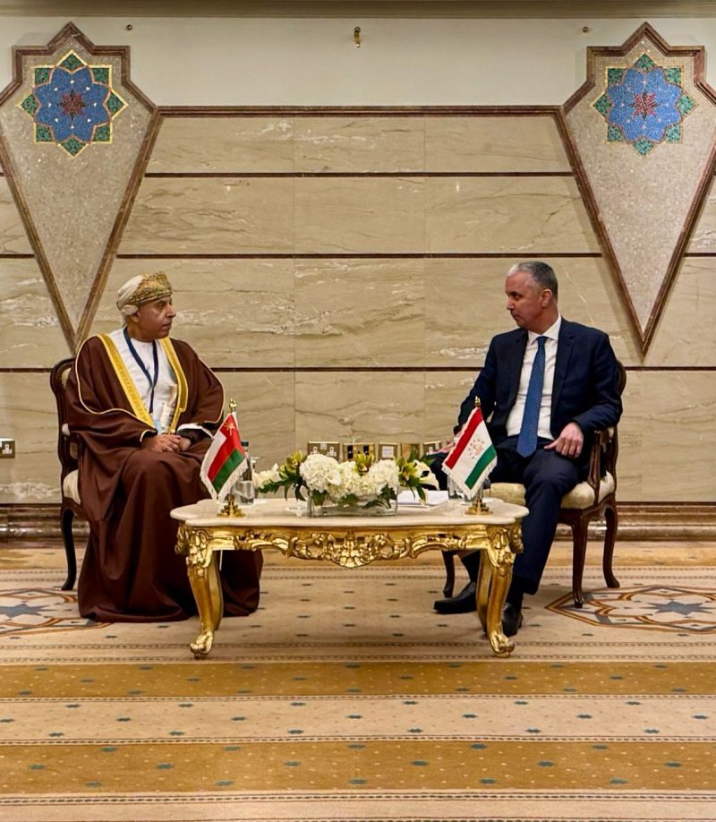 Khalid bin Hashil Al Muslahi, Undersecretary of the Foreign Ministry for Administrative and Financial Affairs, during his meeting with Ismatullo Nasreddin, First Deputy Foreign Minister of the Republic of Tajikistan.